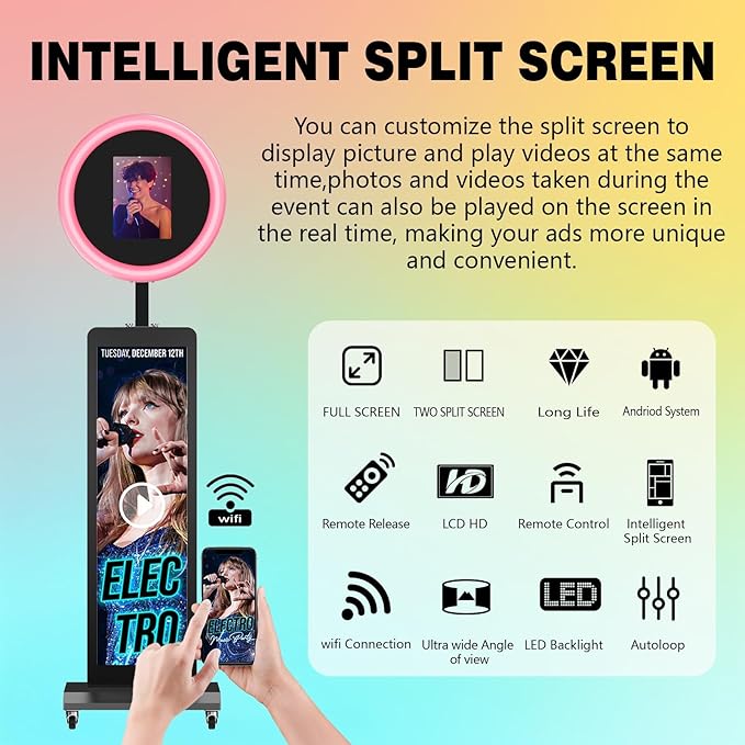 HARZHI LCD Screen Photo Booth, Compatible with Any Ipad, 1080P Intelligent Split Screen Ipad Photo Booth for Wedding Party Software APP Control Ring Light, 38'' Portable Flight Case Black