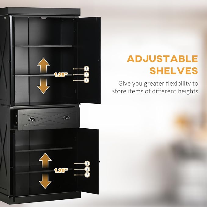 HOMCOM 72" Kitchen Pantry Storage Cabinet, Traditional Freestanding Pantry Cabinet with 4 Doors and 2 Adjustable Shelves, Large Central Drawer, X-Frame, Black