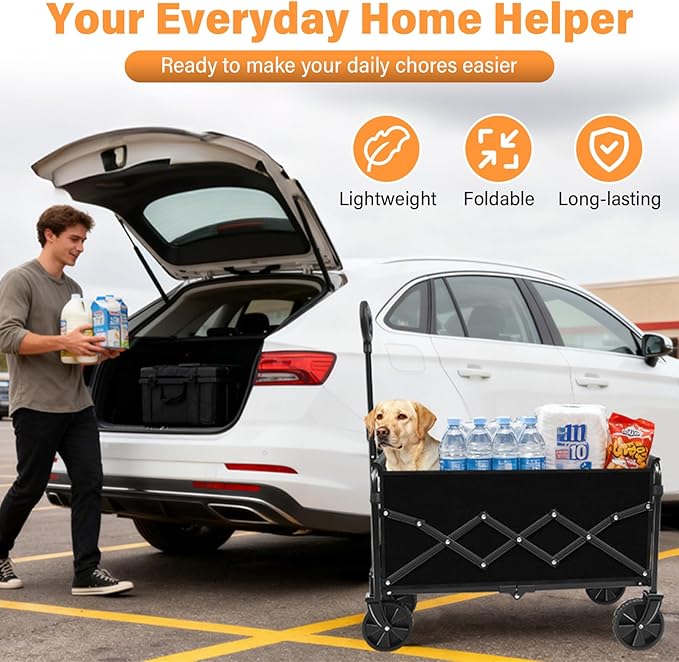 Wagons Carts Foldable Collapsible Wagon — Multi-Use Folding Utility Wagon Cart Portable for Groceries,Apartment Living,Sports,Park&Storage|Collapsible Wagon with Wheels for Yard Work,Shopping,Black