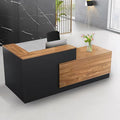L Shaped Reception Desk with Lockable Drawer and Cable Grommets Front Desk Retail Checkout Counter Table for Salon Lobby Shop Office Reception Room Wood and Black Right 71inch/180cm