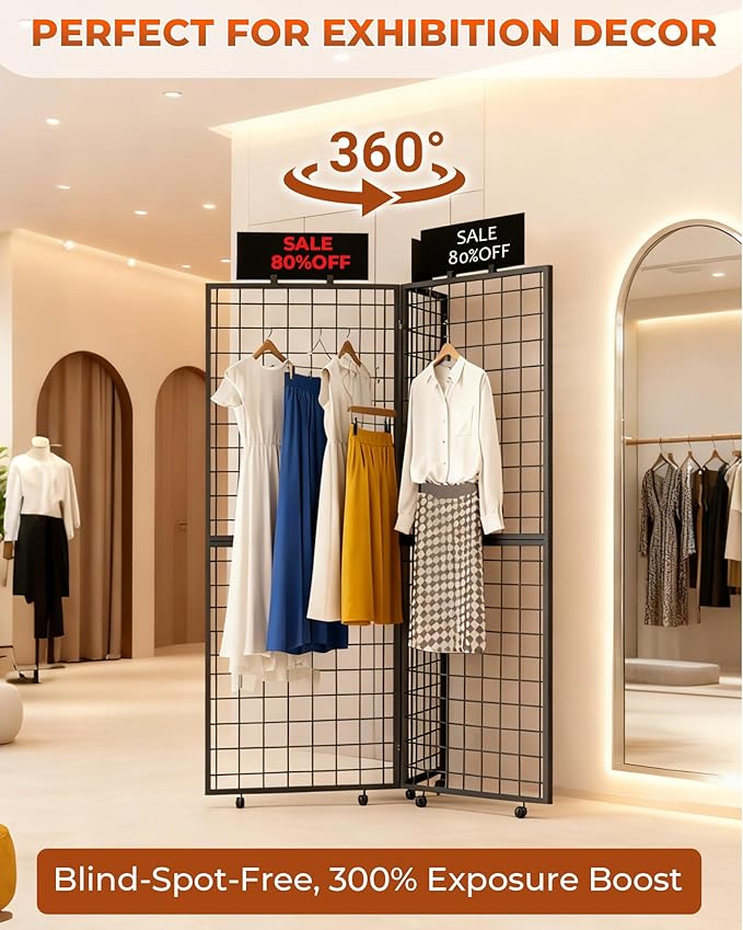 360° Foldable Grid Wall Panel, Three 6' x 4.25' Ft Double Side Gridwall Display Stand with Notice board, Heavy Duty Sturdy Floorstanding Wire Grid Rack, Movable Wheel for Retail Art Craft Fairs
