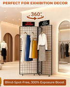 360° Foldable Grid Wall Panel, Three 6' x 4.25' Ft Double Side Gridwall Display Stand with Notice board, Heavy Duty Sturdy Floorstanding Wire Grid Rack, Movable Wheel for Retail Art Craft Fairs