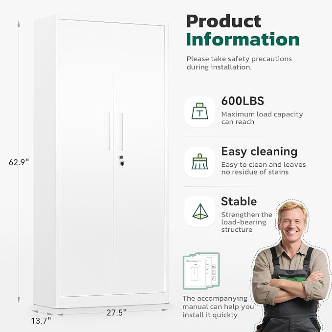 Greenvelly 63" H Metal Storage Cabinet White, Locking Metal Cabinet, Store Tools, Clothes, Tableware and Toiletries, Garage Cabinets with Adjustable Shelves for Office, Home, Garage, Pantry