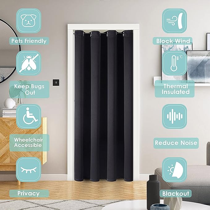 ChrisDowa Blackout Door Curtains for Doorway Privacy, Grommet Closet Curtains for Bedroom Closet Door, Thermal Insulated Temporary Doorway Cover Room Divider Drapes (1 Panel, Black, 34 x 80 Inch)