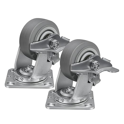 4'' × 2'' Caster Wheels, Heavy Duty Industrial Casters, Rubber Wheels with Roller Bearing, Load 600lbs per Swivel Caster for Cart Dolly Toolbox Trolley (2 Brake)