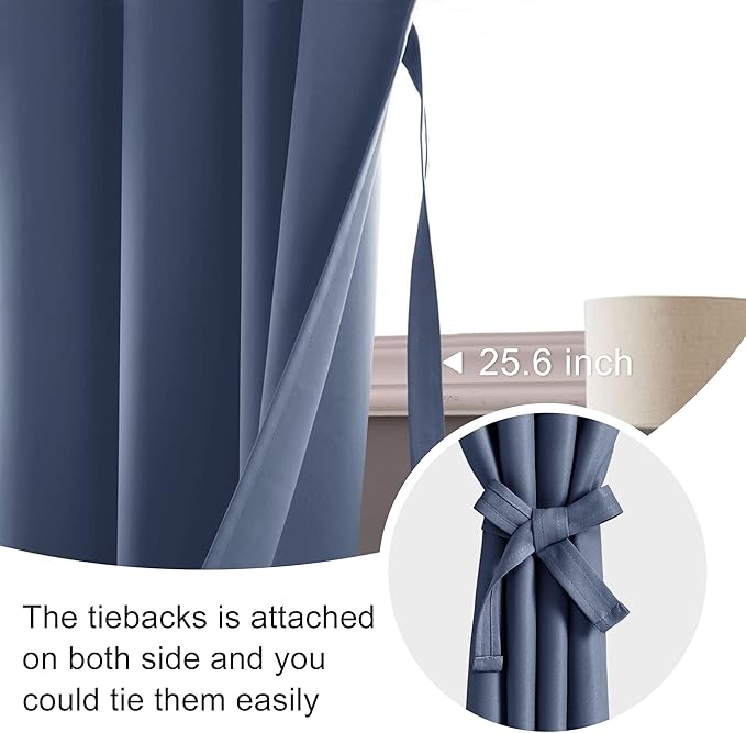 JIUZHEN Blackout Curtains for Bedroom - 60 Inch Wide Thermal Insulated Room Darkening Privacy Soundproof Curtains for Living Room, Set of 2 Panels with Tiebacks, 60 x 63 inches, Dusty Blue
