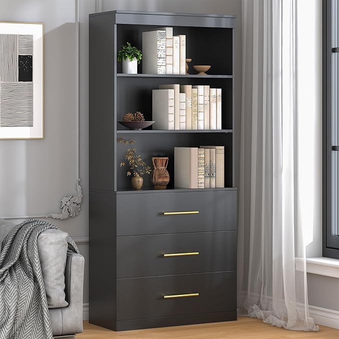 Winkalon 71" Tall Black Bookshelf with Drawers, Bookcase and Bookshelf with 3-Tier Open Shelves, Tall Bookcase Tall Storage Cabinet for Home Office Living Room, 15.8" D x 31.5" W x 71" H