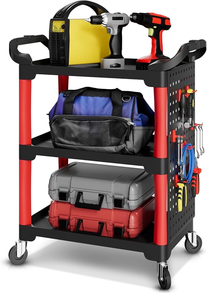 Auto Dynasty 3-Level Rolling Cart Trolley Storage Detailing Cart with Pegboard 120 kg/260 Lbs Capacity on Wheels Fits Garage, Warehouse, and Workshop Use, Black/Red