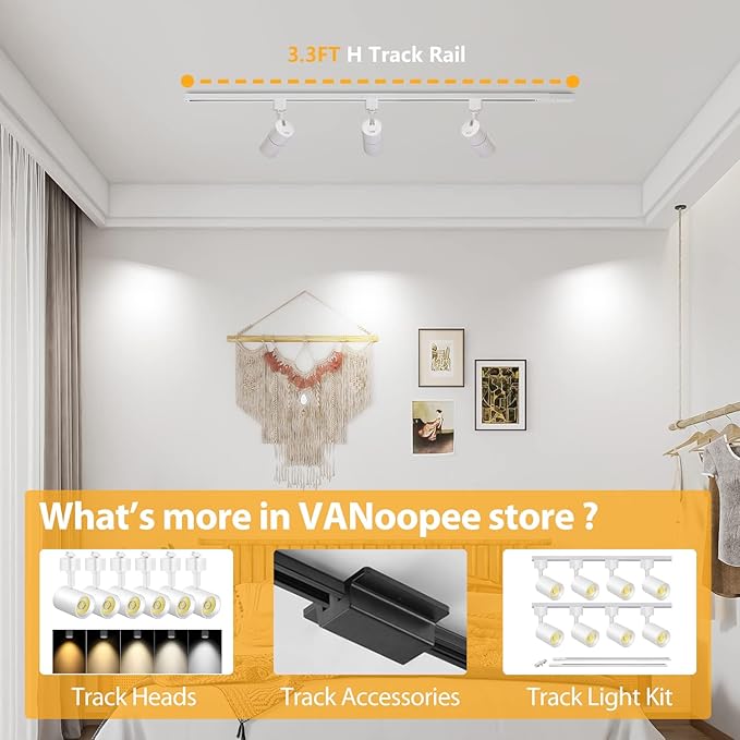 VANoopee H Type Track Rails Kit, 3.3FT White with End Caps and Live End Feed Connector, Compatible with Single Circuit 120V System, for LED Track Lighting Heads