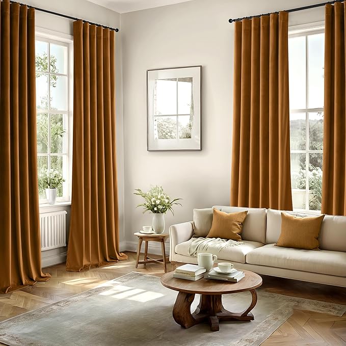 MIULEE Velvet Curtains 96 Inches Long 2 Panels Set for Bedroom, Pinch Pleat Back Tab Thermal Insulated Living Room Darkening Drapes Pleated Blackout Floor to Ceiling Curtains with Hooks, Golden Brown