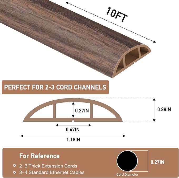 Floor Cord Cover Self Adhesive Cord Hider Floor Extension Cord Covers for Floor Power Cord Protector Cable Management Prevent Cable Trips Cable Cavity 0.47" W x 0.27" H (Smoked Brown Wood, 10Ft)