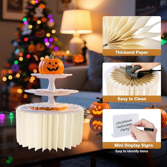 Buffet Risers, 11.8in Large Foldable Display Stand Food Risers for Buffet Table, Dessert Table Display Set with Mini Signs, White Cardboard Cylinder Display Stands Risers for Cake Jewelry Figure Party