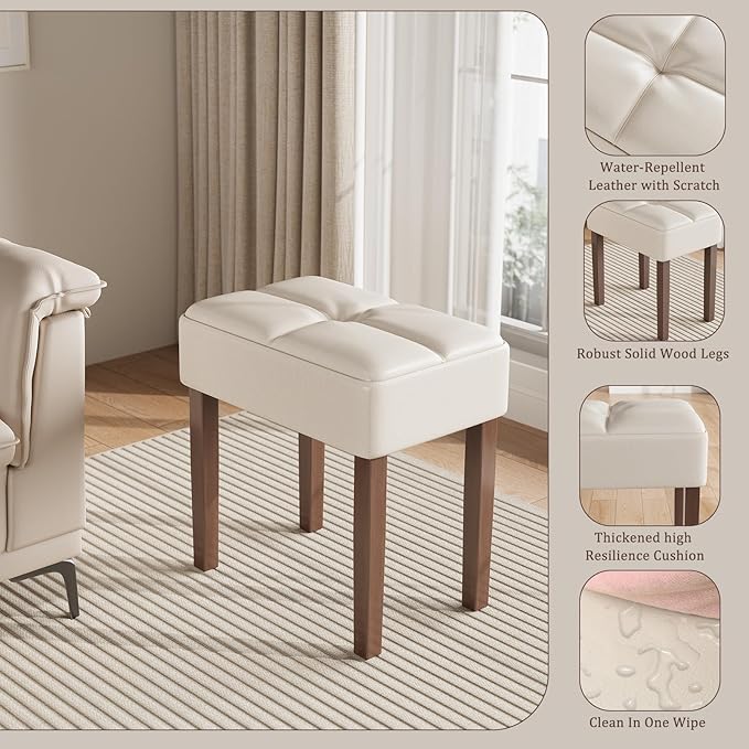 Leather Vanity Stool, 18.7 Inch Wide Rectangle Ottoman Bench for Makeup Room, Vanity Chair with Wood Legs for Piano Room, Bedroom,Living Room with Customizable (Cream)