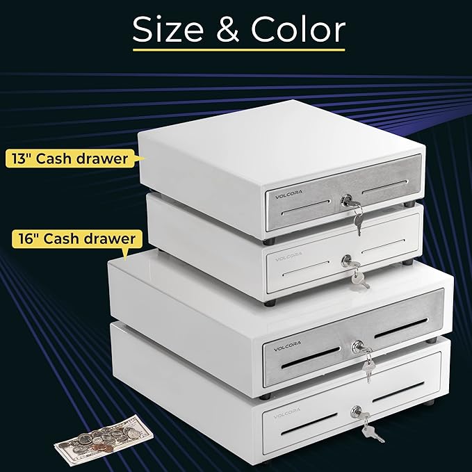 Volcora 16" Cash Register Drawer for Point of Sale (POS) System with 5 Bill 6 Coin Cash Tray, Removable Coin Compartment, 24V, RJ11/RJ12 Key-Lock, Media Slot, White - for Stores, Shops and Businesses