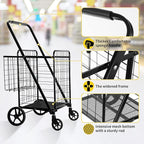 Folding Shopping Cart with Waterproof Liner, Grocery Cart Large Bag with Top Cover, 400 Lb Capacity, Utility Cart with 360° Rolling Swivel Wheels, Extra Large & Extra Basket