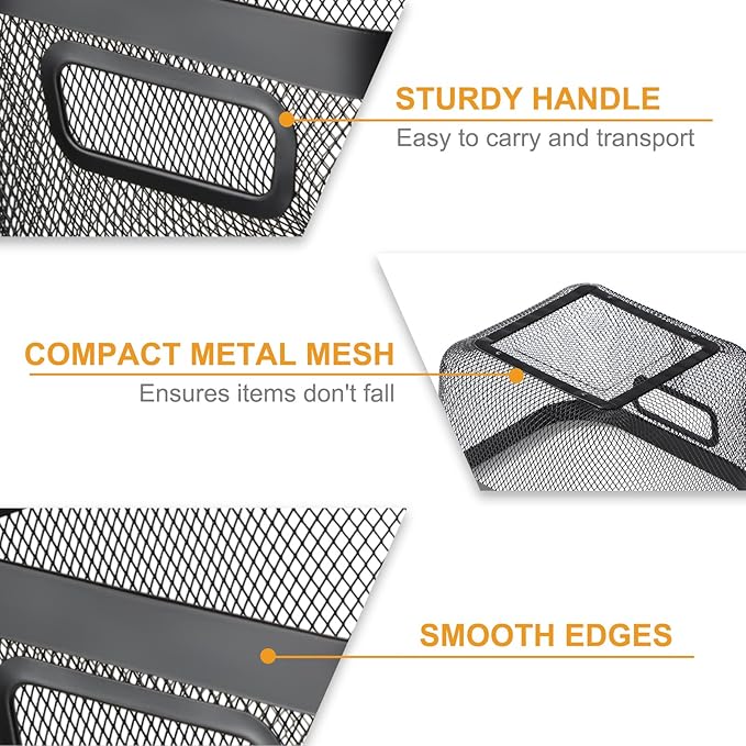 4 Pack Metal Mesh Basket with Hollow Handles Black Wire Storage Bin for Organizing Stackable Metal Fine Mesh Basket for Pantry Bathroom Kitchen Cabinets Shelves (Medium and Large)