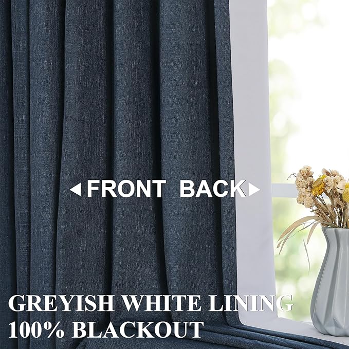 Vision Home Navy Blue Pinch Pleated Full Blackout Curtains Linen Blended Room Darkening Curtain Panels 108 inch for Living Room Bedroom Thermal Insulated Pinch Pleat Drapes with Hooks 9FT 40"Wx108"Lx2