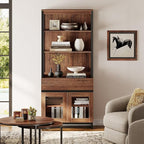 WAMPAT Modern 72" Tall Bookcase with Drawer and Open Book Shelfs, Library Book Shelf with Glass Doors Storage Cabinet, Wood Freestanding Bookshelf for Home Office, Living Room, Brown