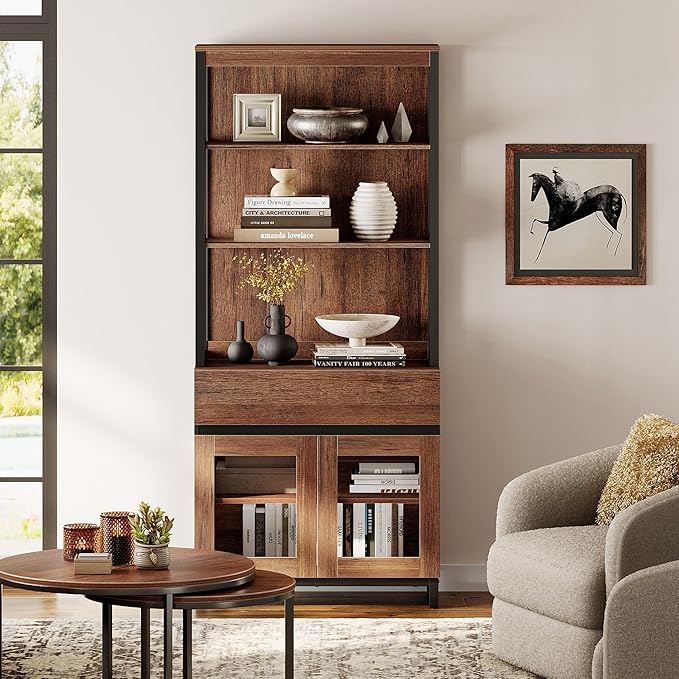 WAMPAT Modern 72" Tall Bookcase with Drawer and Open Book Shelfs, Library Book Shelf with Glass Doors Storage Cabinet, Wood Freestanding Bookshelf for Home Office, Living Room, Brown