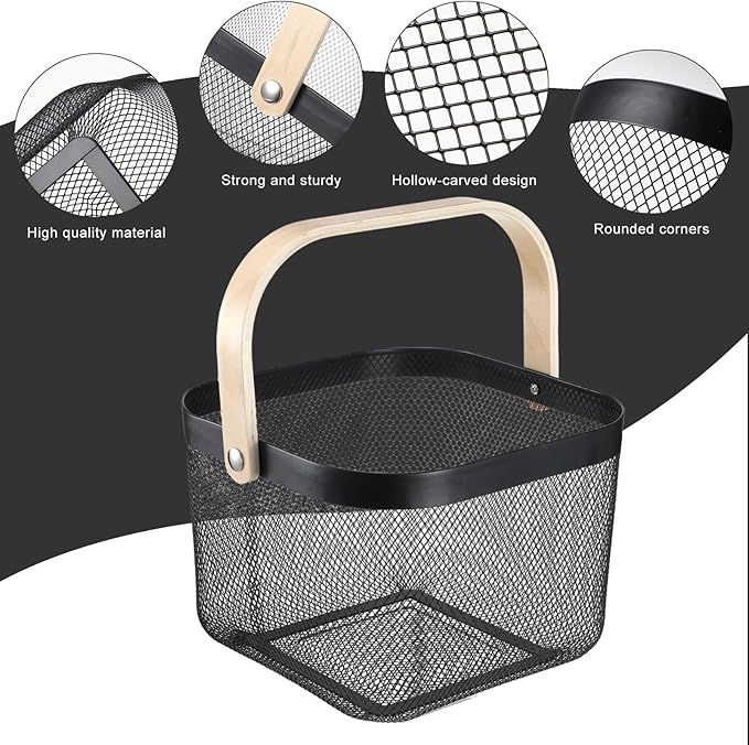 Roshtia 6 Pcs Metal Mesh Steel Basket with Handle, Square Wire Harvest Thanksgiving, Shopping Baskets for Retail Store Christmas Garden Bathroom Kitchen(8.46 x 8.46 x 6.5 Inch,Black)