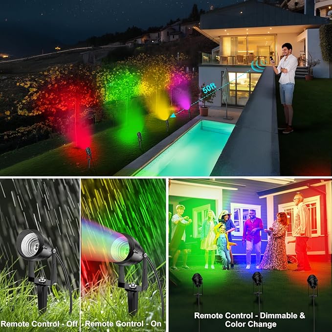 1500LM LED High Brightness Outdoor Landscape Lighting 15W RGB Color Changing Landscape Lights Remote Control Spot-Lights with Plug in IP66 Waterproof Flood Light for Garden-4 Packs