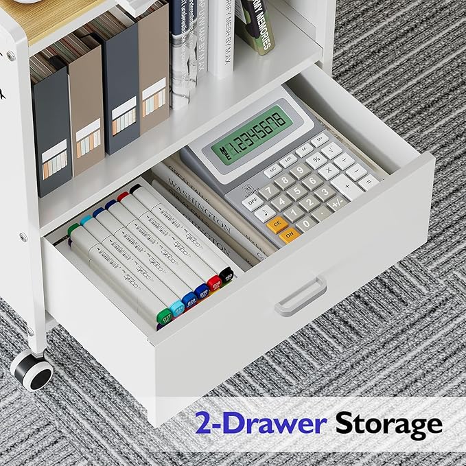 TOOLF 1-Drawer Mobile File Cabinet with Wheels, MDF Wooden Panel Printer Stand with Adjustable Shelves, 2 Storage Bins & 4 Hooks, Home Office Organization