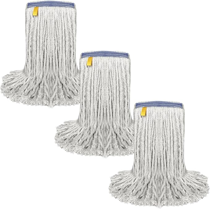 Pack of 3 Cut End Cotton Mop Head Replacement, 1.25-inch Universal Headband, Wet Mop Refills, Natural, 16 Oz