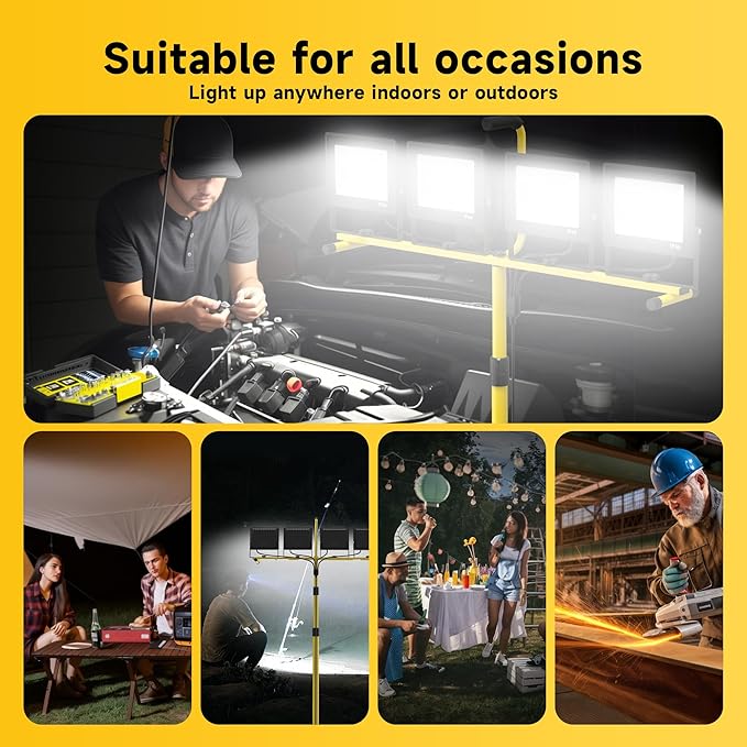 TOPRATED Plug In Led Work Light with Stand,28000 Lumen 110V 4 Adjustable Head Outdoor Flood Lights,Foldable Mechanic Light with 16.5Ft Power Cord,Portable Waterproof Tripod with Lamp for Workbench