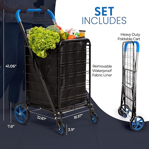 SereneLife Large Folding Utility Shopping Cart with Removable Liner – Heavy Duty, 360° Swivel Wheels, 110 lb Capacity, Portable for Groceries, Laundry, Luggage, and More (Blue)