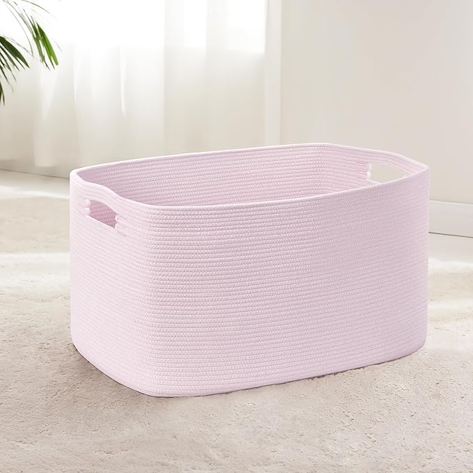 72L Large Baby Girls Laundry Basket for Nursery Storage,Cute Woven cotton Rope Baskets for Kids Toy，Gifts, Boho Square Wicker Blanket hamper for Living Room,Bedroom Dirty Clothes,Pink