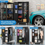 Broom Closet Storage Cabinet with Wheels and Pegboard,Garage Storage Cabinet with Lockable and Magnetic Doors,Adjustable Shelves for Garage Home Office,Required Assembly,17.7"D*33.5"W*70.87"H