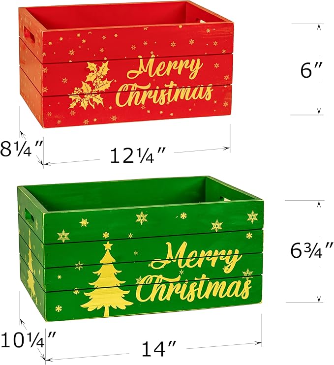 Red Co. Set of 2 Red and Green Decorative Nesting Wooden Merry Christmas Storage Crate Organizers with Golden Lettering