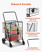 VEVOR Folding Shopping Cart, Jumbo Grocery Cart with Double Baskets, 360° Swivel Wheels, Heavy Duty Utility Cart, 110 LBS Large Capacity Utility Cart for Laundry, Shopping, Grocery, Luggage, Black