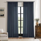 Dark Blue Linen Curtains 102 Inches Long for Living Room Pinch Pleated Drape with Hooks Rings for Track System Light Filtering 102 Inch Curtain for Bedroom Sliding Patio Door 2 Panels Navy Indigo