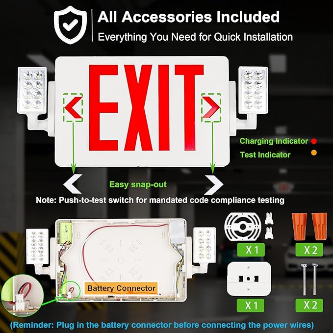 Gruenlich LED Combo Exit Sign, Emergency Light with 2 Adjustable Heads and Double Face, Back Up Batteries- US Standard Red Letter EXIT, UL 924 Qualified, 120-277 Voltage, 2-Pack