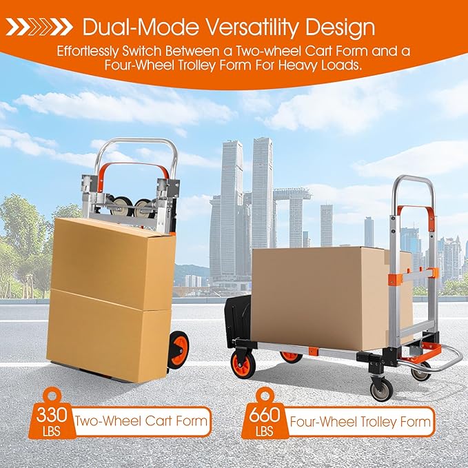 3 in 1 Folding Hand Truck Dolly Cart with Wheels, 660lbs Capacity Foldable Utility Cart Aluminum Trolley Cart Convertible Dolly for Moving Furniture Shopping for Garden Home Office Warehouse