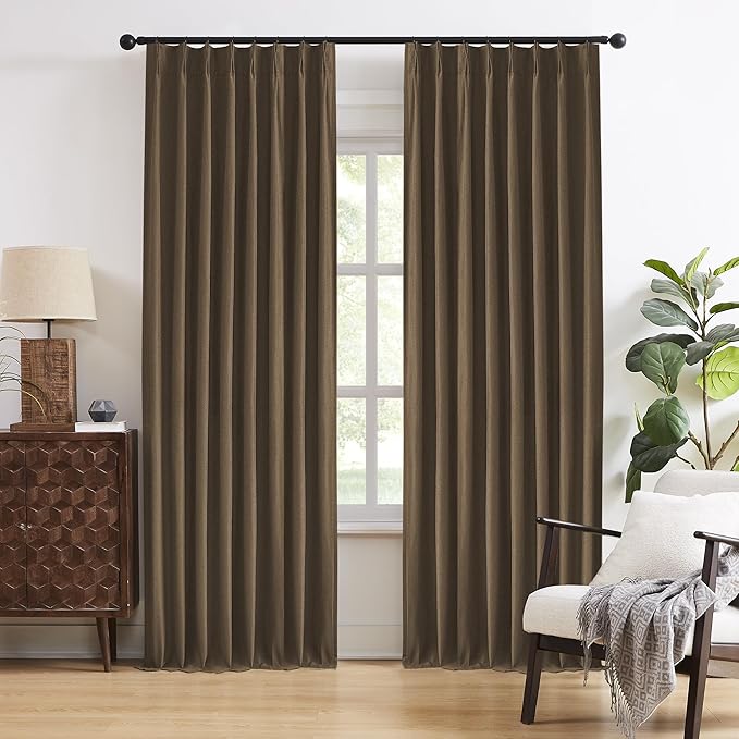 DUALIFE Chocolate Brown Pinch Pleated Blackout Curtains 95 Inches Long, Back Tab with Hooks, Linen Full Black Out Thermal Insulated Track Curtain for Bedroom Living Room,50" Wx95 L, 2 Panels