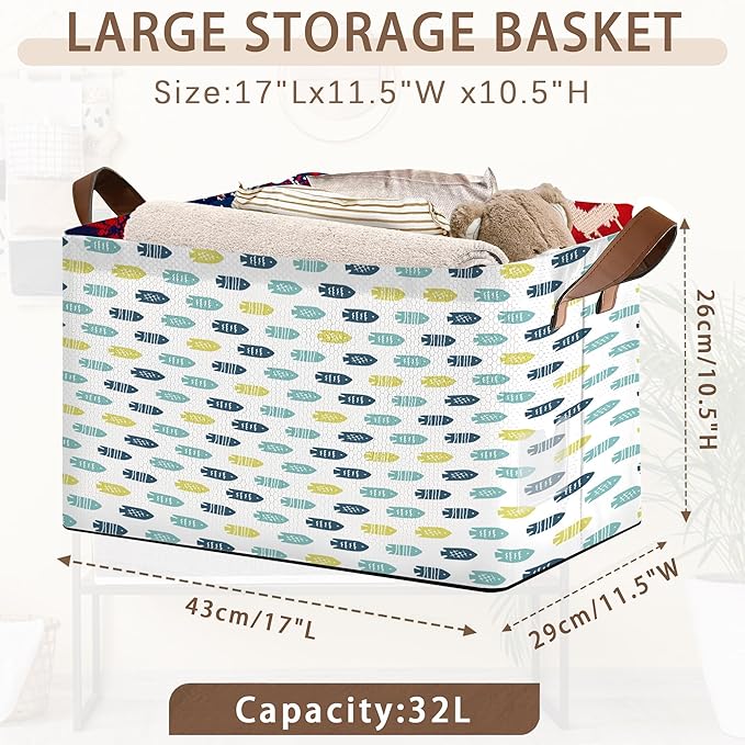 Cute Fish Storage Basket Large 17x11.5x10.5 Inches - Collapsible Fabric Organizer Bin with Handles for Kids Room,Laundry,Toys - Foldable Decorative Hamper with Cartoon Fish Design - Single Pack