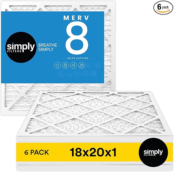 Simply 18x20x1 Air Filter, MERV 8, 6 Pack, For Home AC Furnace & HVAC (Actual Size: 17.81"x19.81"x0.75") DUST, Pet & Allergy Control,