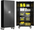Metal Garage Storage Cabinet with Lock, Steel Tool Cabinet with 2 Door and 4 Adjustable Shelves, 71” Tall Lockable File Cabinet with Wheels, Rolling Cabinet for Home Office Garage Gym - Black