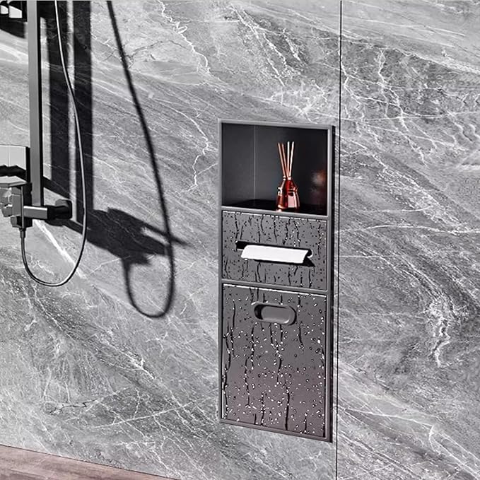 Stainless Steel Shower Nich, 25.4X11.2IN Recessed Waterproof Bathroom Niche, Built-in Trash Can Alcove, Toilet Paper Toiletries Storage Rack for Kitchen Living Room Bedroom Hotel Residential