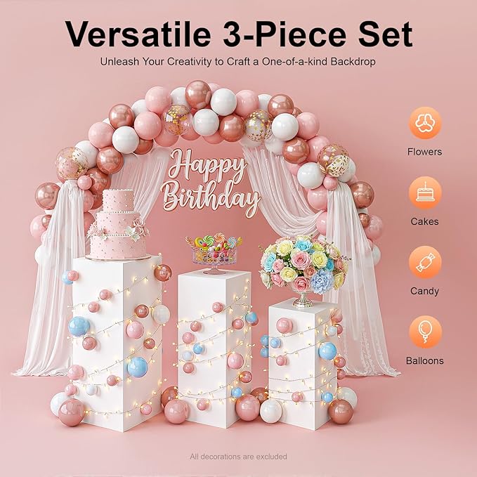 OUKANING 3 Pcs Metal Display Pedestal Stands, Square White Dessert Table Display Pillars, Decoration Cubes Sculpture Columns for Wedding Birthday Party Baby Shower Event, H39.37'', 35.43'', 27.56''