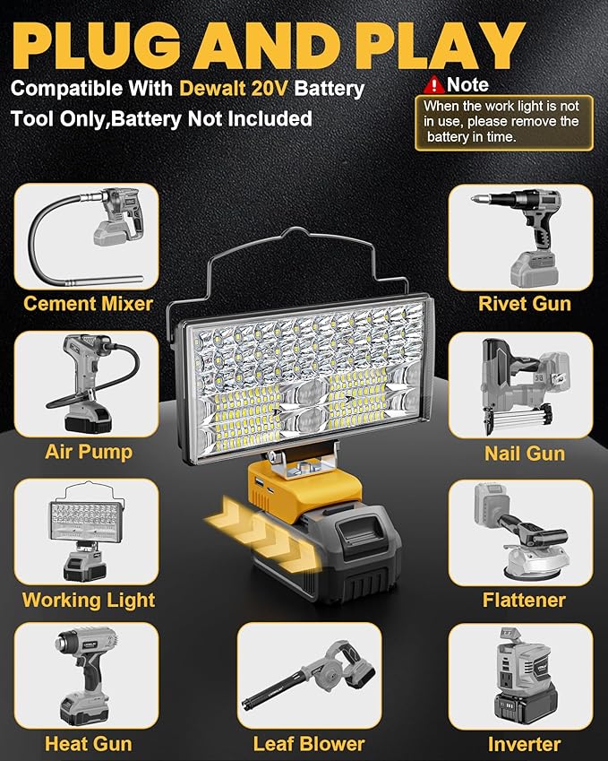 LIVOWALNY LED Work Light Compatible with Dewalt, 100W 10000LM 7" Flood Battery Light, Cordless LED Flashlights with USB & Type-C & Low Voltage Protection & 140° Pivoting Head for Emergency & Job Site