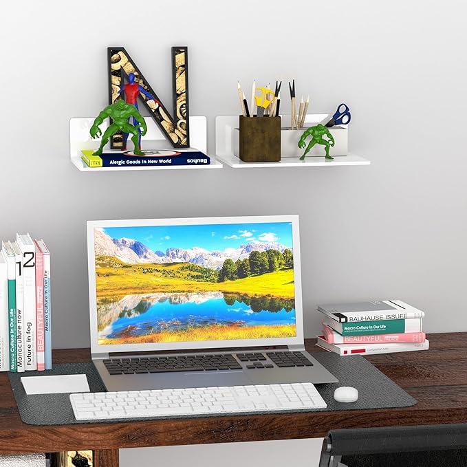 9 Inches Acrylic Wall Shelves 2 Pack, Floating Shelf for Wall Mounting, Acrylic Display Ledges for Funko Pop Figures, Home Décor, Living Room, Gaming Room, Plants(9 inch, White)