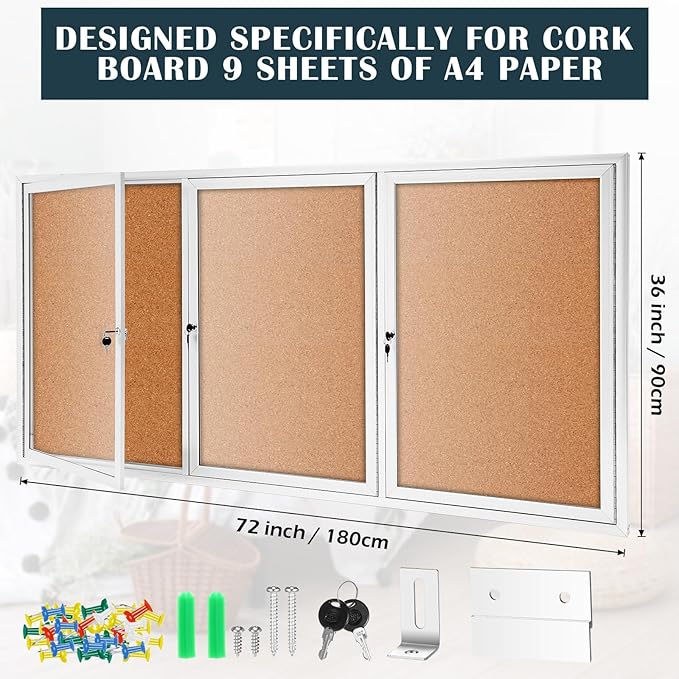 Enclosed Bulletin Board 72" x 36" Weather Resistant Lockable 3 Door Weatherproof Wall Mounted Enclosed Cork Board Aluminum Frame Display Case for Office, School, Commercial, 18xA4(Wood Color)