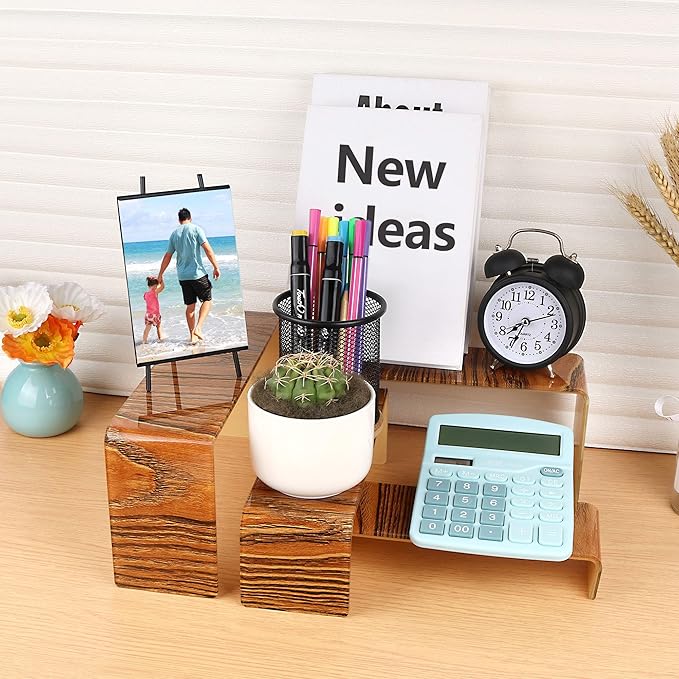 ELEGANTLIFE Acrylic Display Riser,4.3mm Heavy Duty Crystal Display Stand Shelf Layered Aesthetic, Jewelry Display Shelf Risers for Décor,4 Pack Set Multi-color (Dark Wood Imitation)