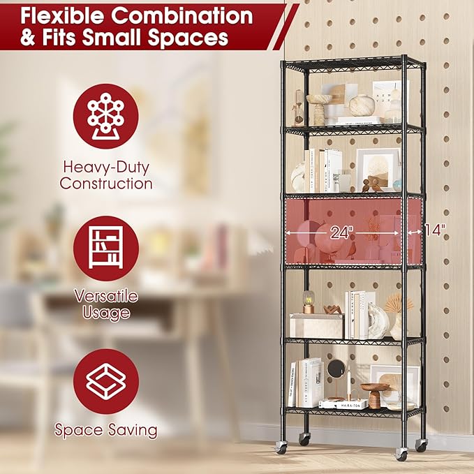 6-Tier Rolling Storage Shelves, 14" D x 24" W x 71" H Adjustable Space-Saving Wire Rack Shelving, 750 lbs Capacity Heavy Duty Metal Shelving with Wheels for Garage, Closet, Kitchen
