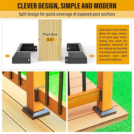 3.5"x3.5"（Actual: 3.5"x3.5"） Deck Post Base Cover Decorative Post Base Trim Skirt Black Aluminum 4Pack