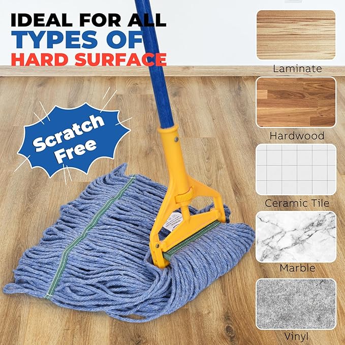 Onesimus 20 oz Mop Head Replacement, Industrial Mops for Floor Cleaning Heavy Duty 4-Ply Cotton Blend Looped End Wet Mop Refills 1.25 in Universal Headband Fit Most Handles, 3 Pack Large Blue