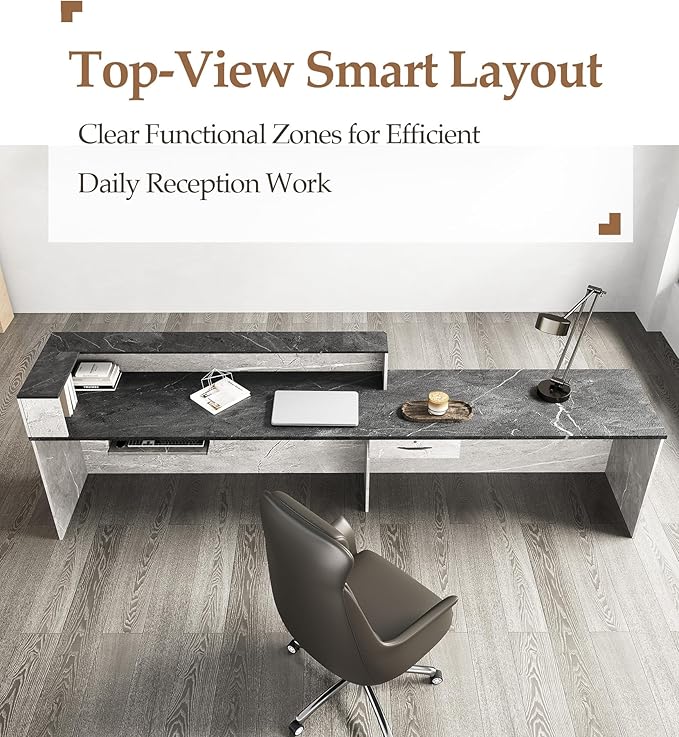 Modern L-Shaped Reception Desk with Counter – 79" Front Desk Reception Room Table with Lockable Drawer & Keyboard Tray for Office, Salon, Lobby, Checkout (Gray + Black, Left)
